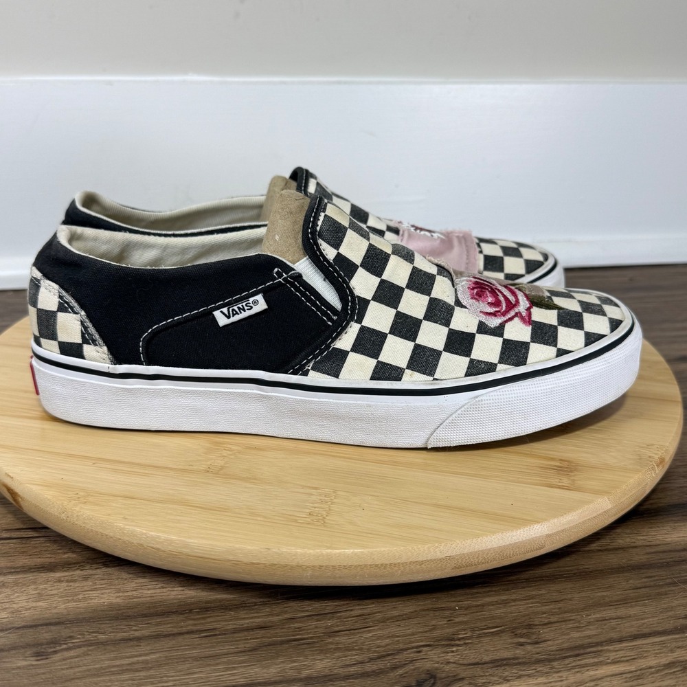 Vans Slip On Women 9 Black White Checkerboard Rose Embroidery Patches Skater